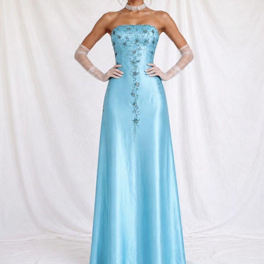 Vintage Y2K Pastel Blue Strapless Floral Beaded Satin Maxi Prom Dress Size S